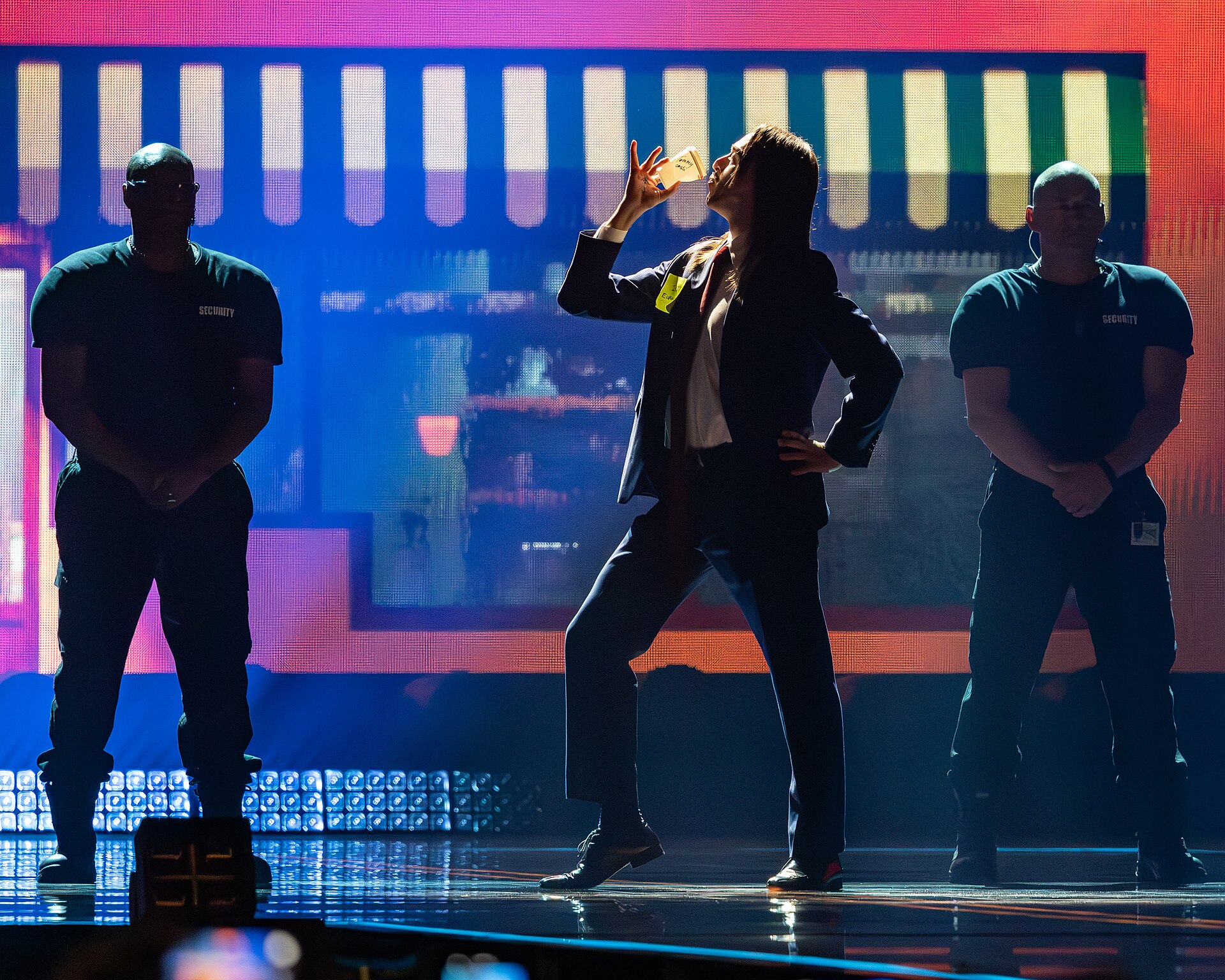 Tommy Cash, representing Estonia, performing at Eurovision 2025 in Basel, Switzerland.