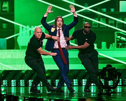 Tommy Cash, representing Estonia, performing at Eurovision 2025 in Basel, Switzerland.