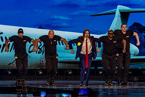 Tommy Cash, representing Estonia, performing at Eurovision 2025 in Basel, Switzerland.