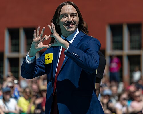 Tommy Cash, representing Estonia, on the Turquoise Carpet at Eurovision 2025 in Basel, Switzerland.