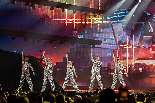 VÆB, representing Iceland, performing at Eurovision 2025 in Basel, Switzerland.