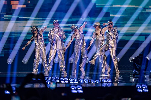 VÆB, representing Iceland, performing at Eurovision 2025 in Basel, Switzerland.