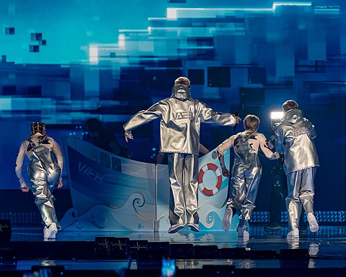 VÆB, representing Iceland, performing at Eurovision 2025 in Basel, Switzerland.