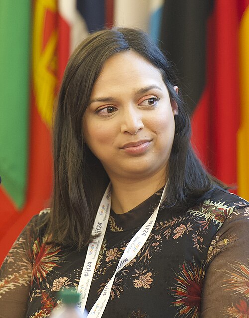 Versha Sharma, editor-in-chief of Teen Vogue, speaking at the International Journalism Festival 2024 in Perugia, Italy on a panel called “Young women’s magazines: a radical transformation.”