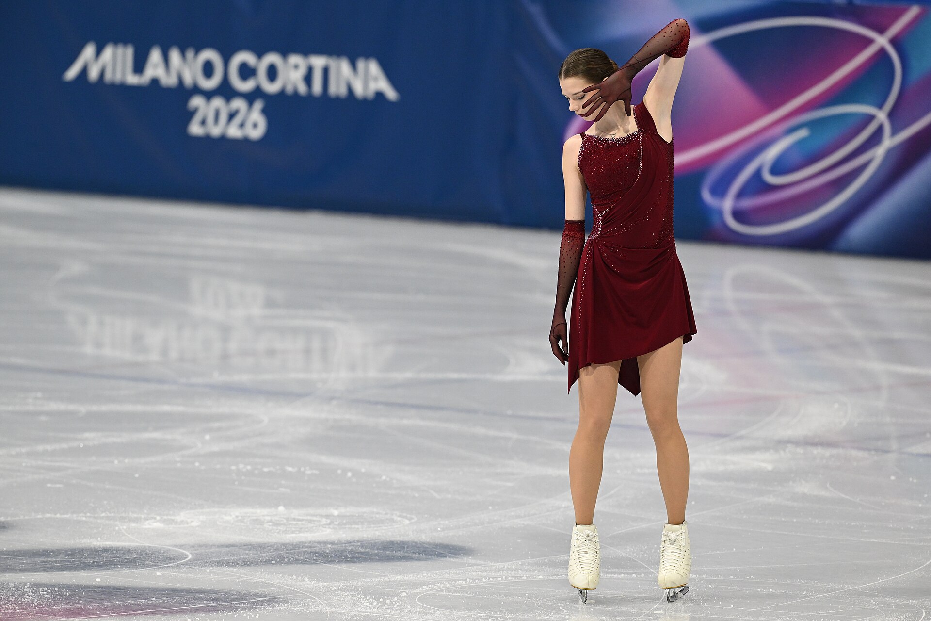 MILAN, ITALY - 17 FEBRUARY 2026: Viktoriia SAFONOVA of Belarus (AIN) compete during the Figure Skating Women Single Skating Short Program at the Olympic Winter Games Milano Cortina 2026  Milano Ice Skating Arena on February 17, 2026 in Milan, Italy