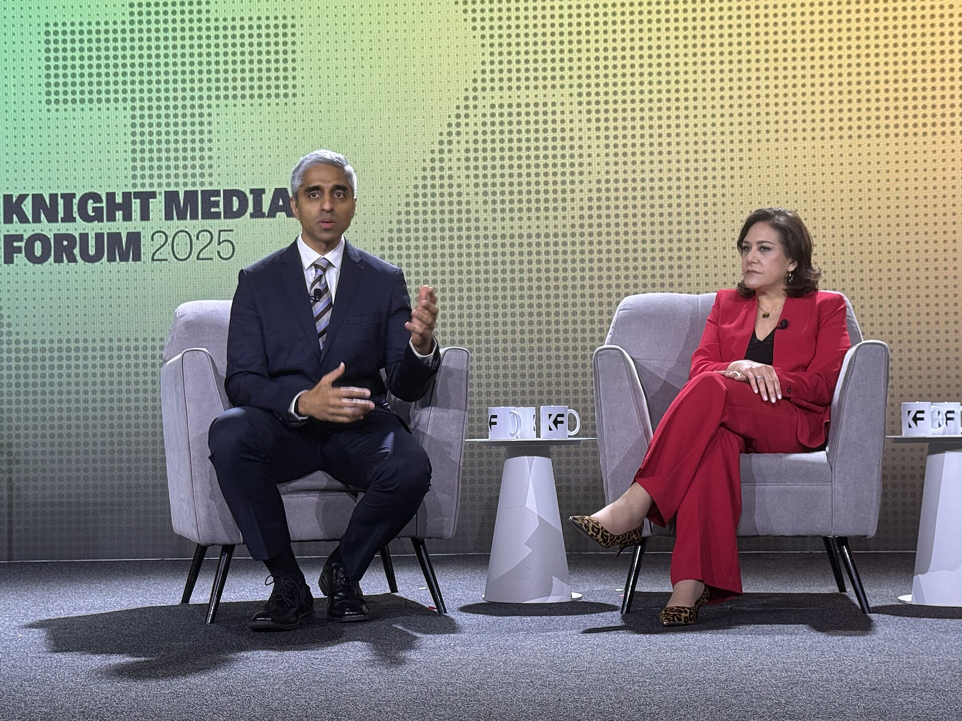 Vivek H. Murthy and and Maribel Pérez Wadsworth speaking at the 2025 Knight Media Forum in Miami, Florida in February 2025