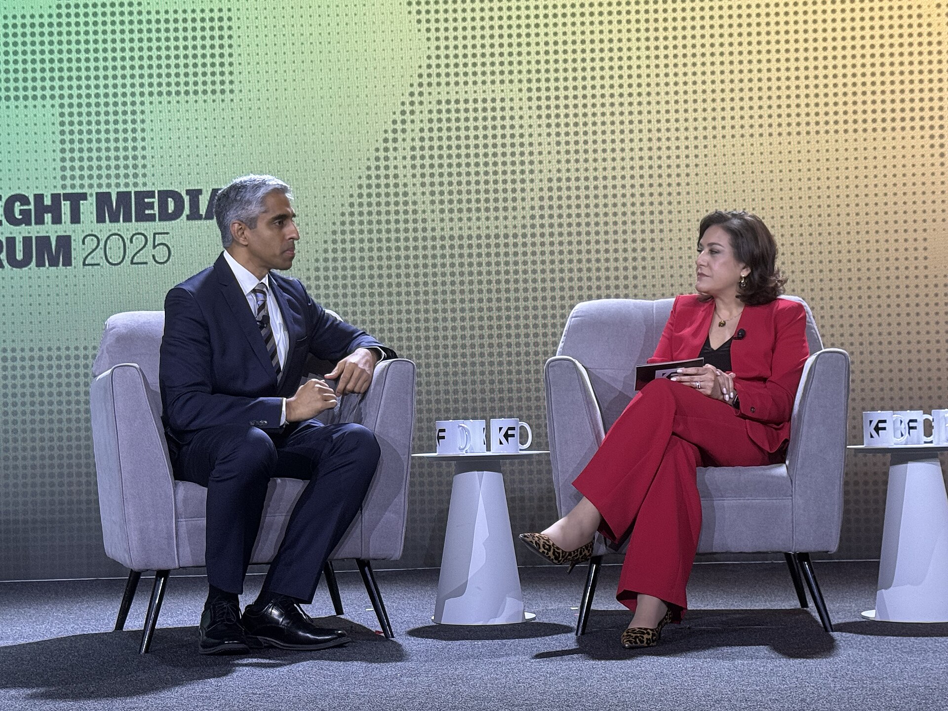 Vivek H. Murthy and and Maribel Pérez Wadsworth speaking at the 2025 Knight Media Forum in Miami, Florida in February 2025