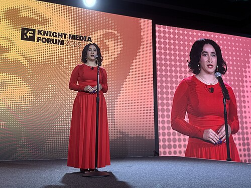 Vivienne Serret, Politics and Investigative Reporter at The Independent Florida Alligator, speaking at the 2025 Knight Media Forum in Miami, Florida in February 2025