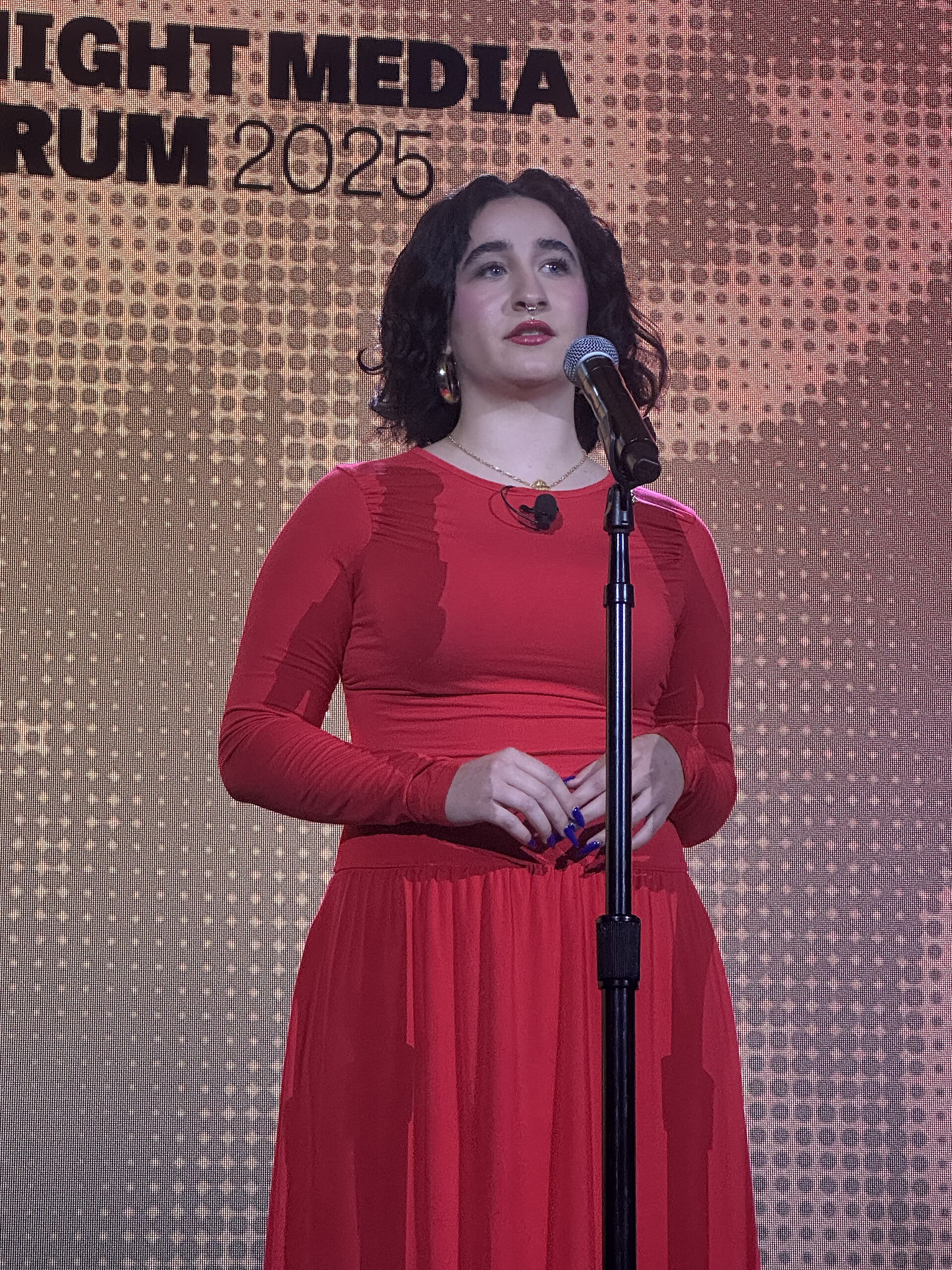 Vivienne Serret, Politics and Investigative Reporter at The Independent Florida Alligator, speaking at the 2025 Knight Media Forum in Miami, Florida in February 2025