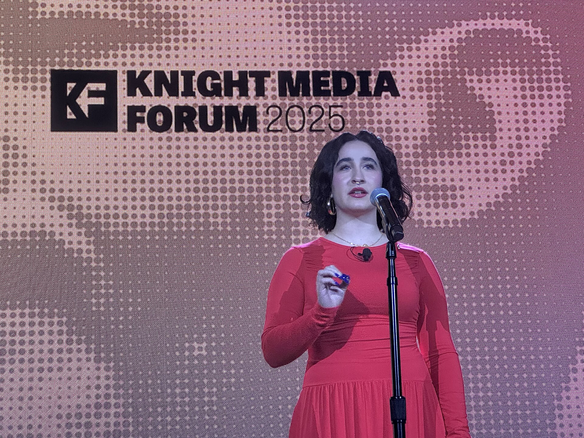 Vivienne Serret, Politics and Investigative Reporter at The Independent Florida Alligator, speaking at the 2025 Knight Media Forum in Miami, Florida in February 2025