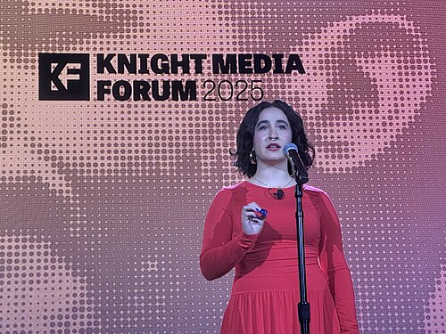 Vivienne Serret, Politics and Investigative Reporter at The Independent Florida Alligator, speaking at the 2025 Knight Media Forum in Miami, Florida in February 2025