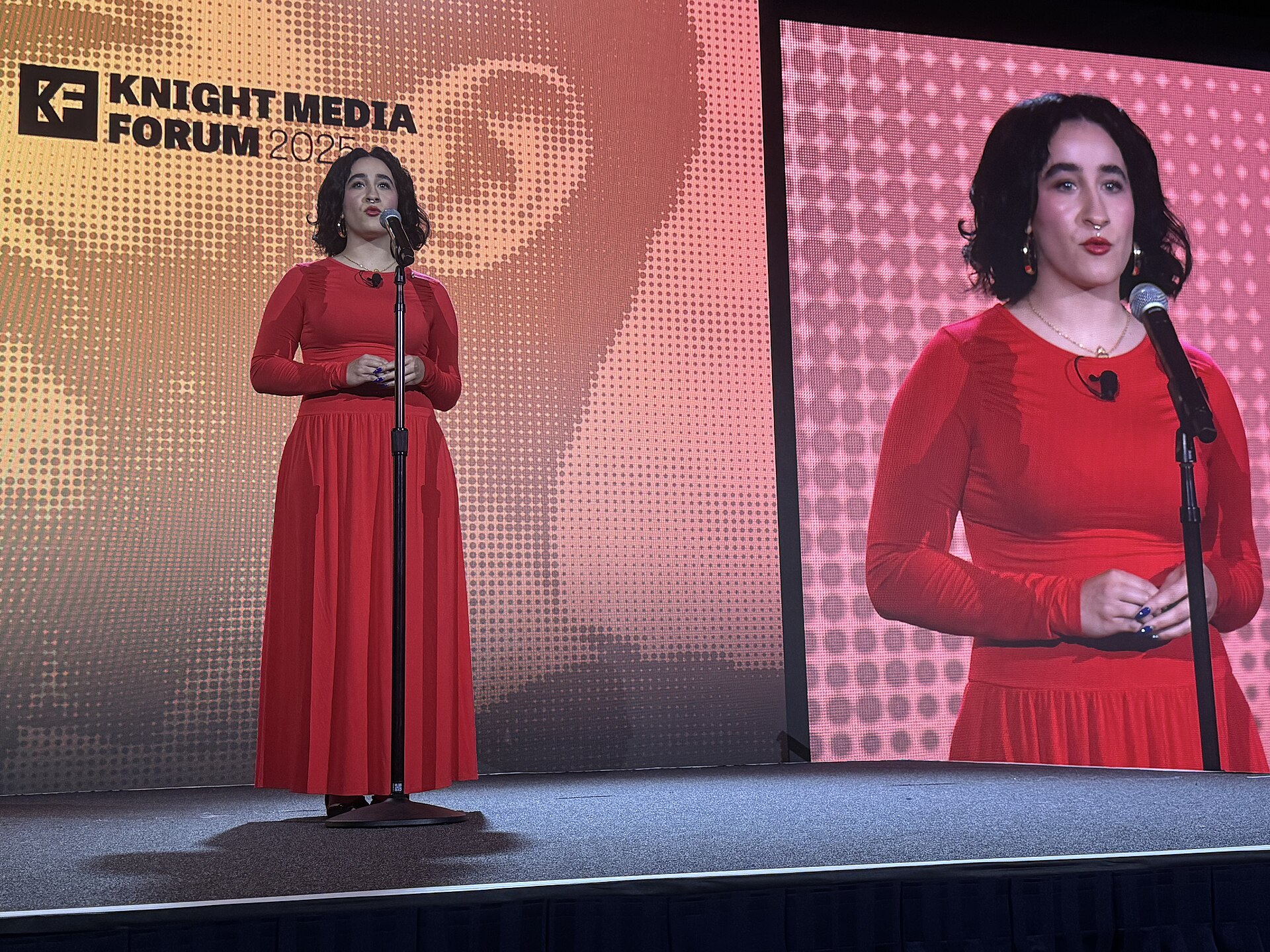 Vivienne Serret, Politics and Investigative Reporter at The Independent Florida Alligator, speaking at the 2025 Knight Media Forum in Miami, Florida in February 2025