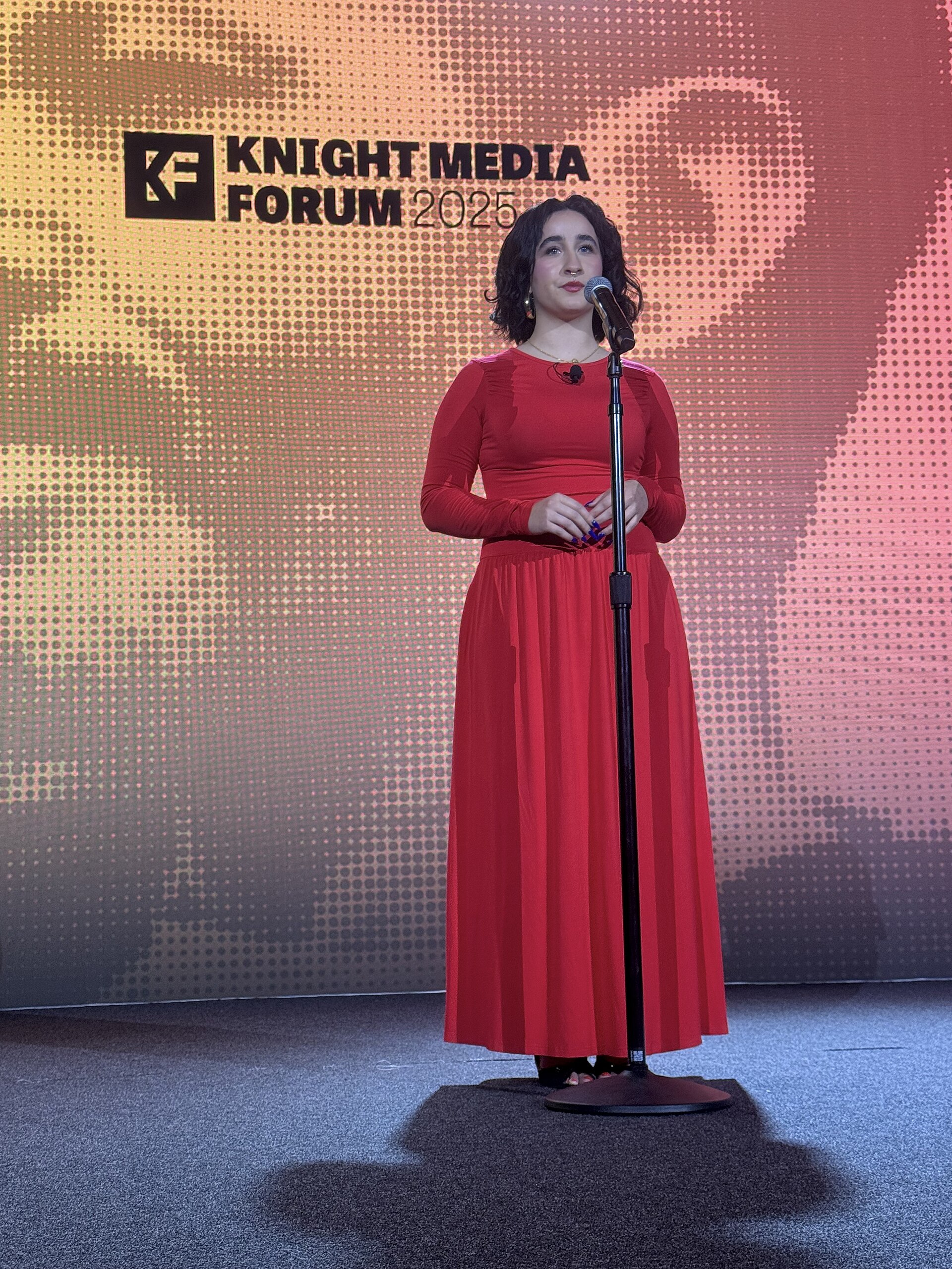 Vivienne Serret, Politics and Investigative Reporter at The Independent Florida Alligator, speaking at the 2025 Knight Media Forum in Miami, Florida in February 2025