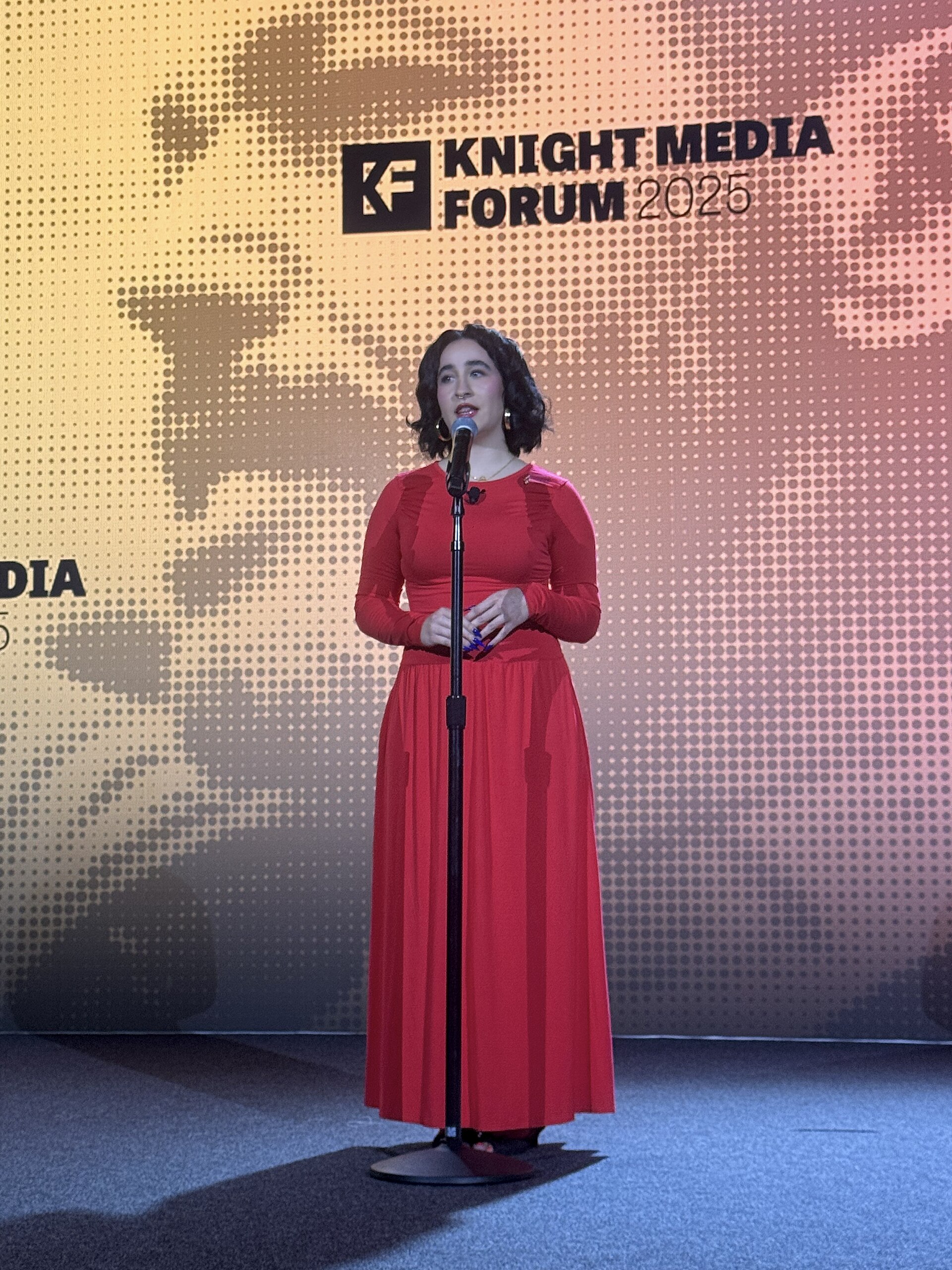 Vivienne Serret, Politics and Investigative Reporter at The Independent Florida Alligator, speaking at the 2025 Knight Media Forum in Miami, Florida in February 2025