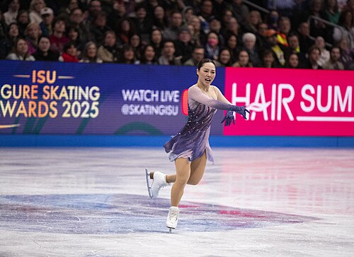 Wakaba Higuchi, Japanese figure skater, at the 2025 World Figure Skating Championships at TD Garden in Boston, Massachusetts.