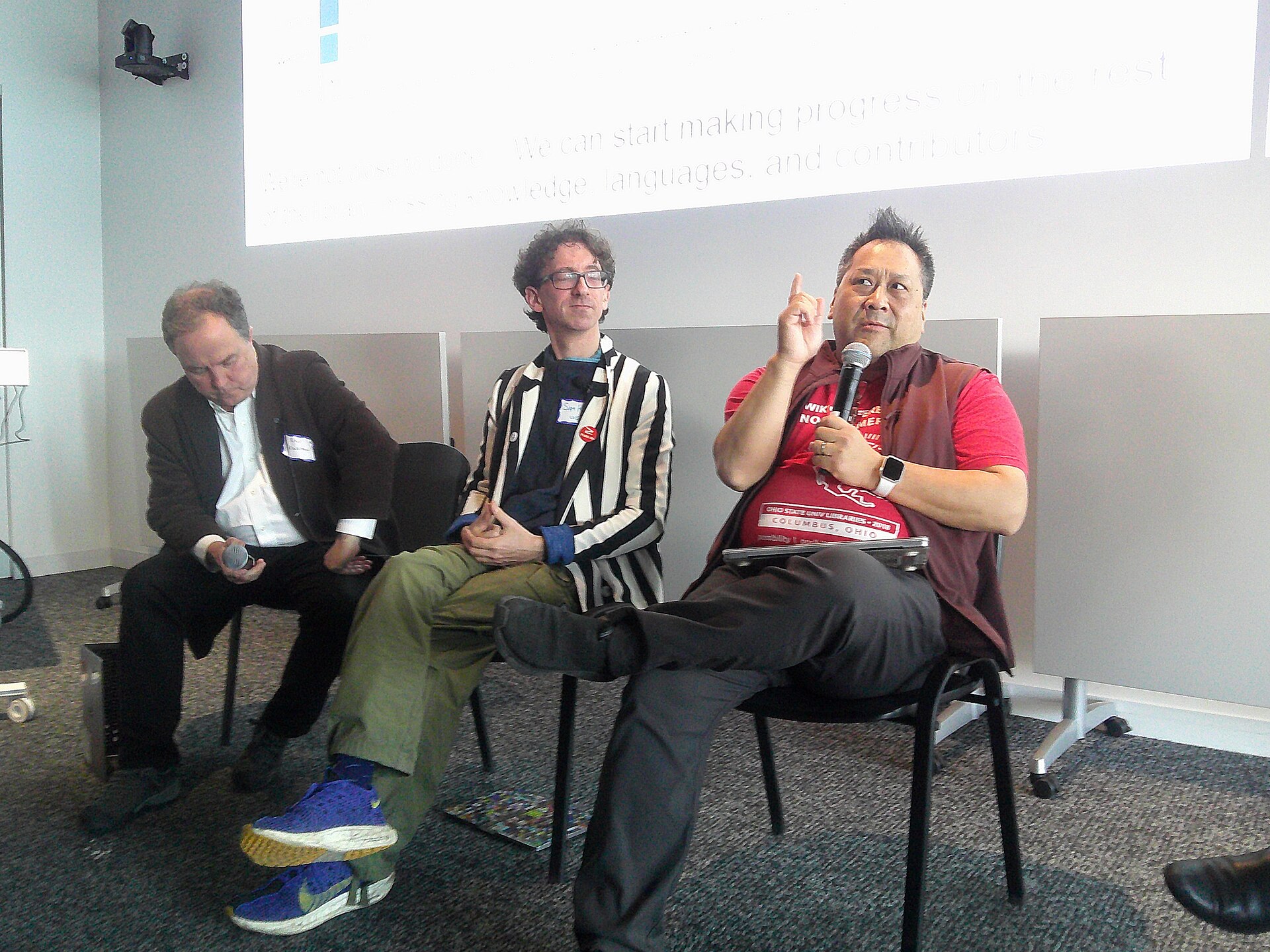 Peter B. Kaufman, Samuel Klein and Andrew Lih at the Wikipedia 25 event at MIT, answering questions as part of a panel discussion.
