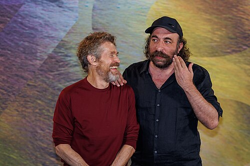 Willem Dafoe and Antonis Tsiotsiopoulos attend the 'The Birthday Party' photocall during the 78th Locarno Film Festival on August 07, 2025 in Locarno, Switzerland.