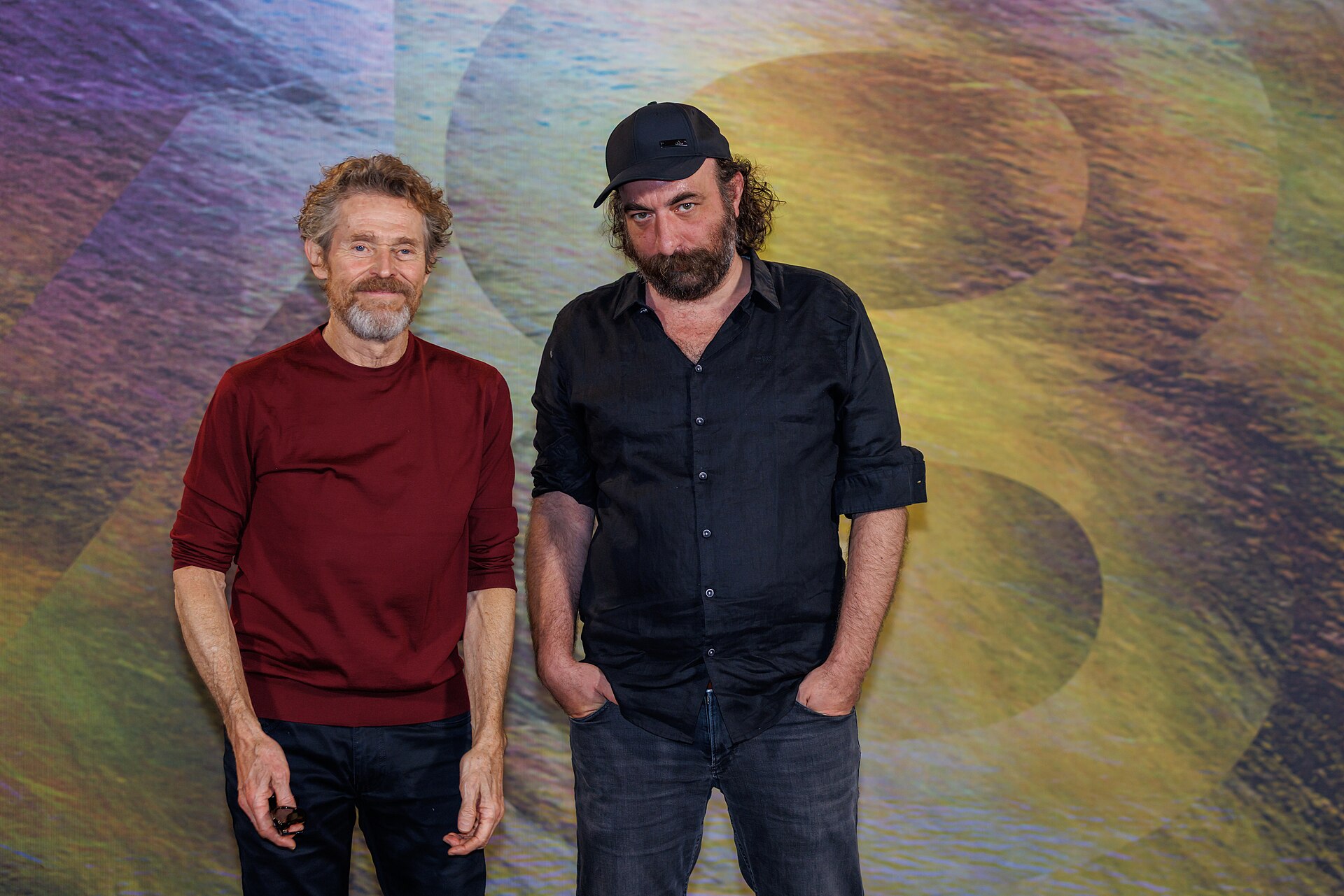 Willem Dafoe and Antonis Tsiotsiopoulos attend the 'The Birthday Party' photocall during the 78th Locarno Film Festival on August 07, 2025 in Locarno, Switzerland.