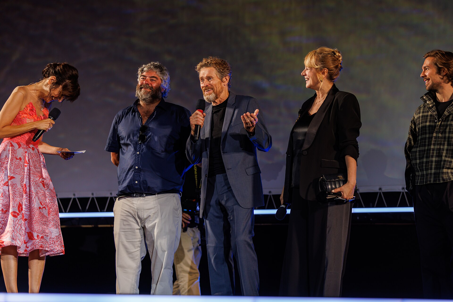 Willem Dafoe speaks on stage before the 'The Birthday Party' screening during the 78th Locarno Film Festival on August 07, 2025 in Locarno, Switzerland.