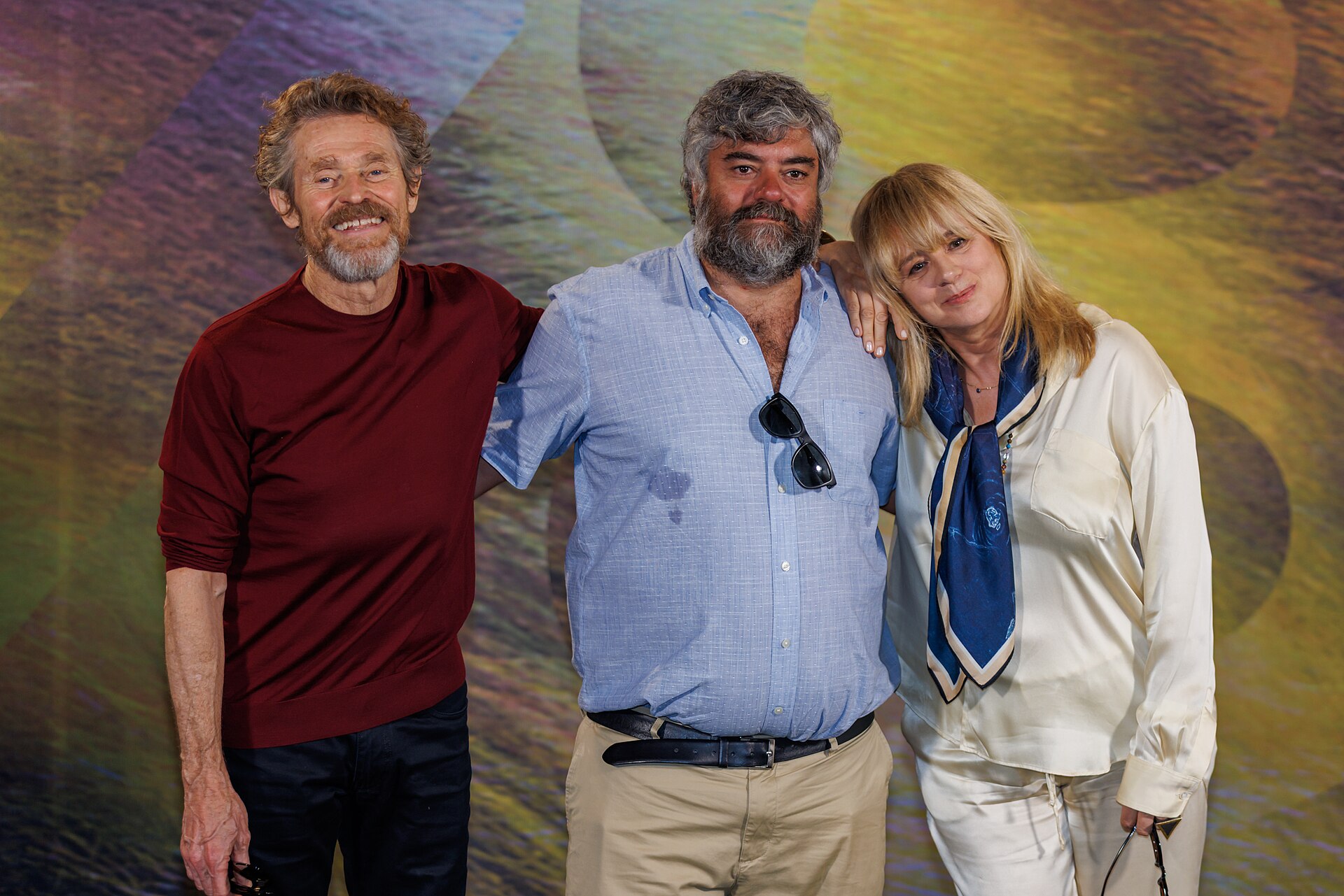 Willem Dafoe, Director Miguel Angel Jimenez and Emma Suarez attend the 'The Birthday Party' photocall during the 78th Locarno Film Festival on August 07, 2025 in Locarno, Switzerland.