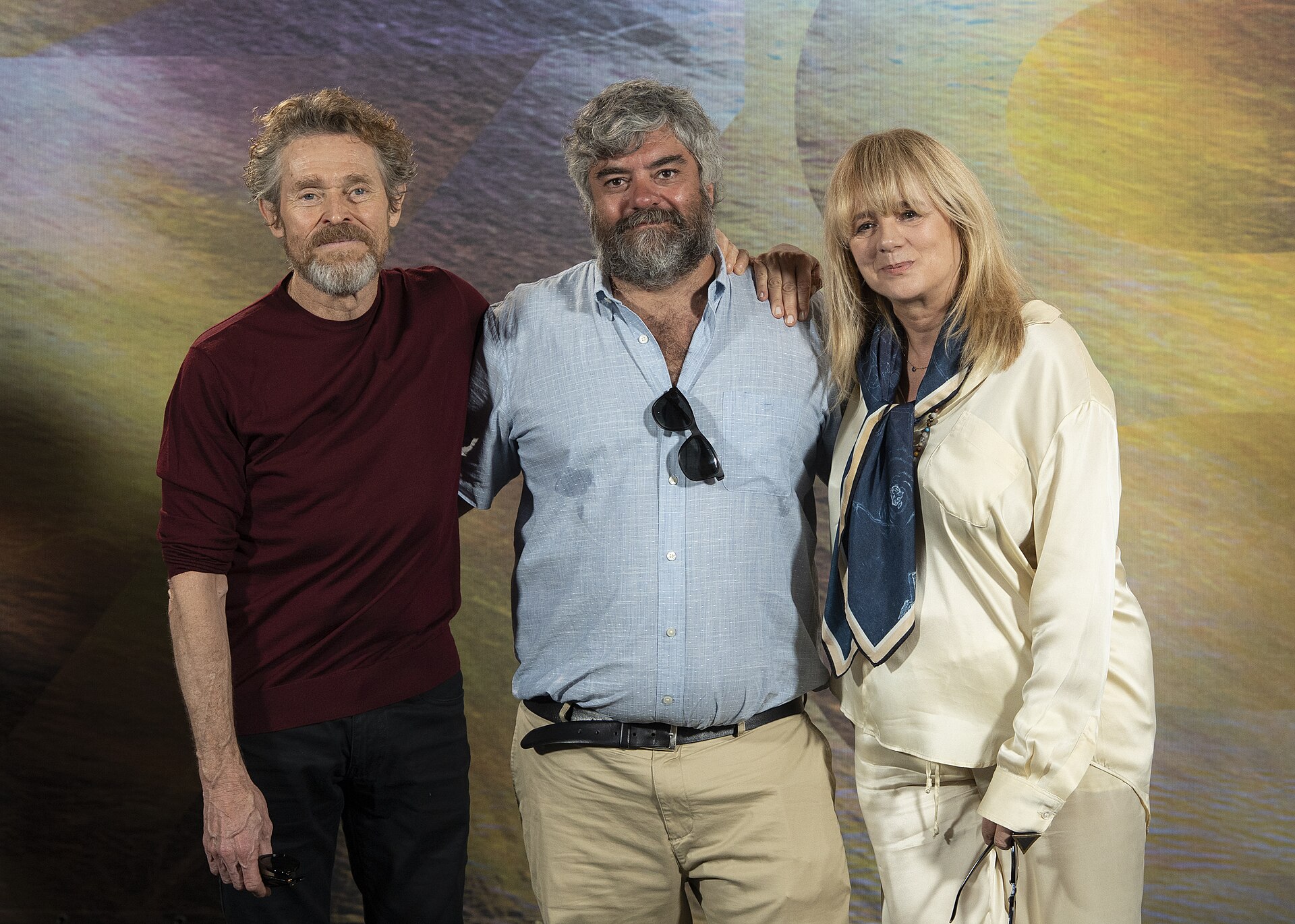 Actor Willem Dafoe, director Miguel Ángel Jiménez and actress Emma Suárez at the Locarno Film Festival in Locarno at the photocall for The Birthday Party