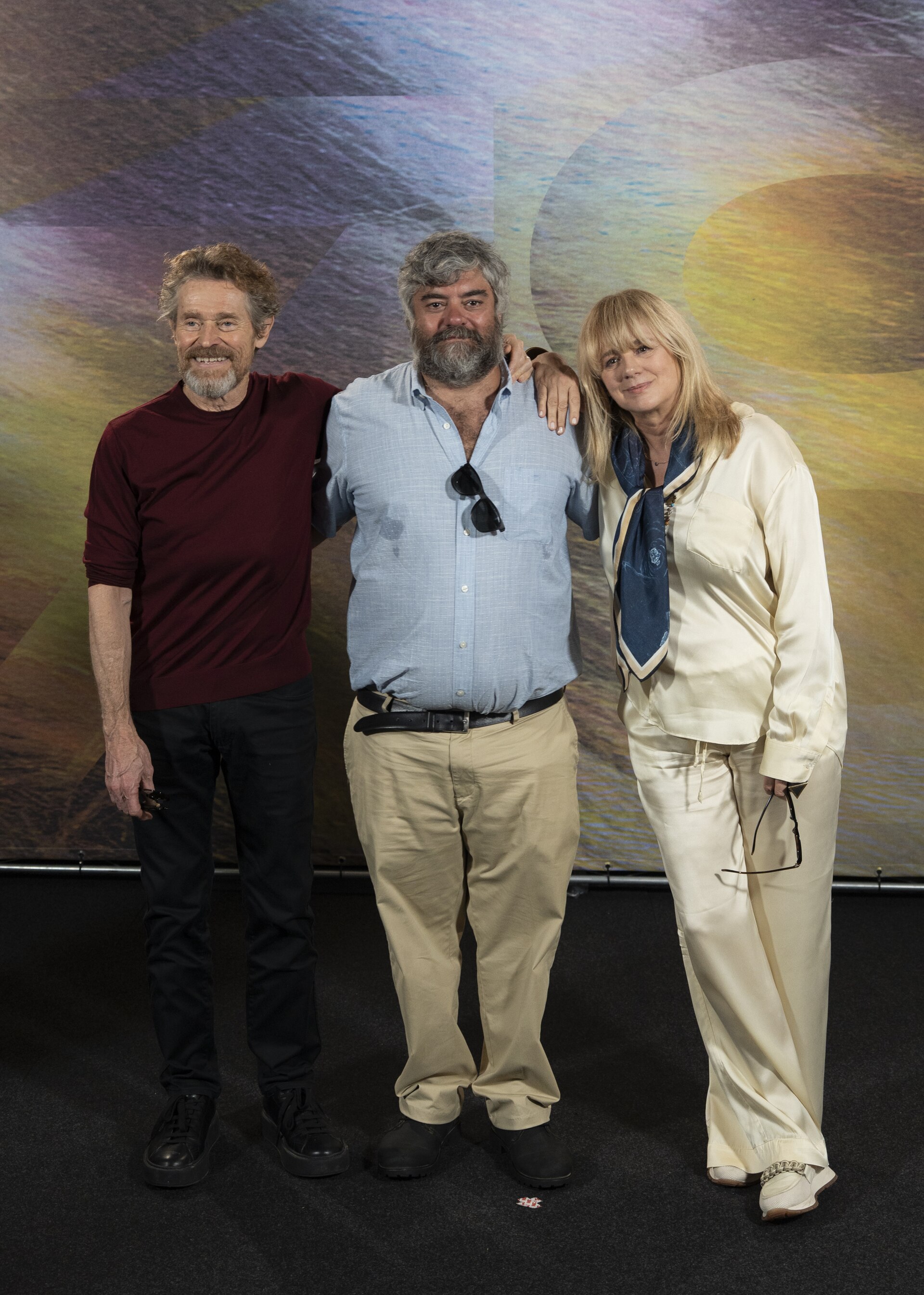 Actor Willem Dafoe, director Miguel Ángel Jiménez and actress Emma Suárez at the Locarno Film Festival in Locarno at the photocall for The Birthday Party