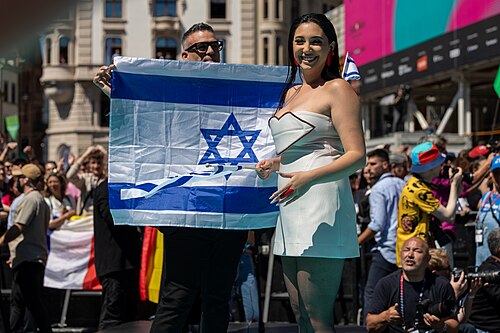 Yuval Raphael, representing Israel, on the Turquoise Carpet at Eurovision 2025 in Basel, Switzerland.