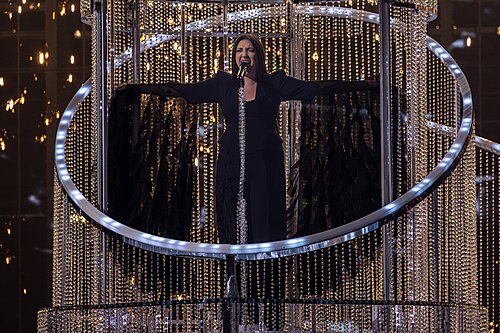 Yuval Raphael, representing Israel, performing at Eurovision 2025 in Basel, Switzerland.