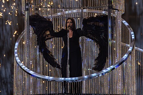 Yuval Raphael, representing Israel, performing at Eurovision 2025 in Basel, Switzerland.