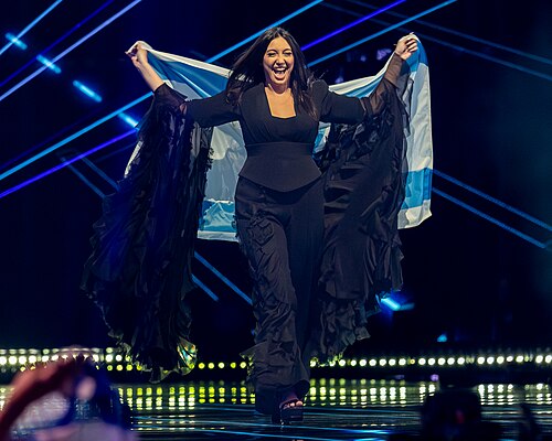 Yuval Raphael, representing Israel, performing at Eurovision 2025 in Basel, Switzerland.