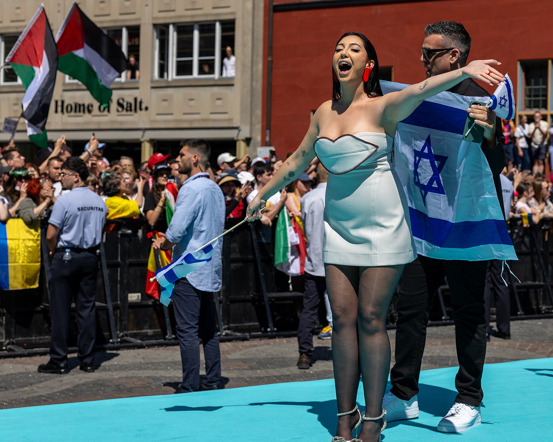 Yuval Raphael, representing Israel, on the Turquoise Carpet at Eurovision 2025 in Basel, Switzerland.