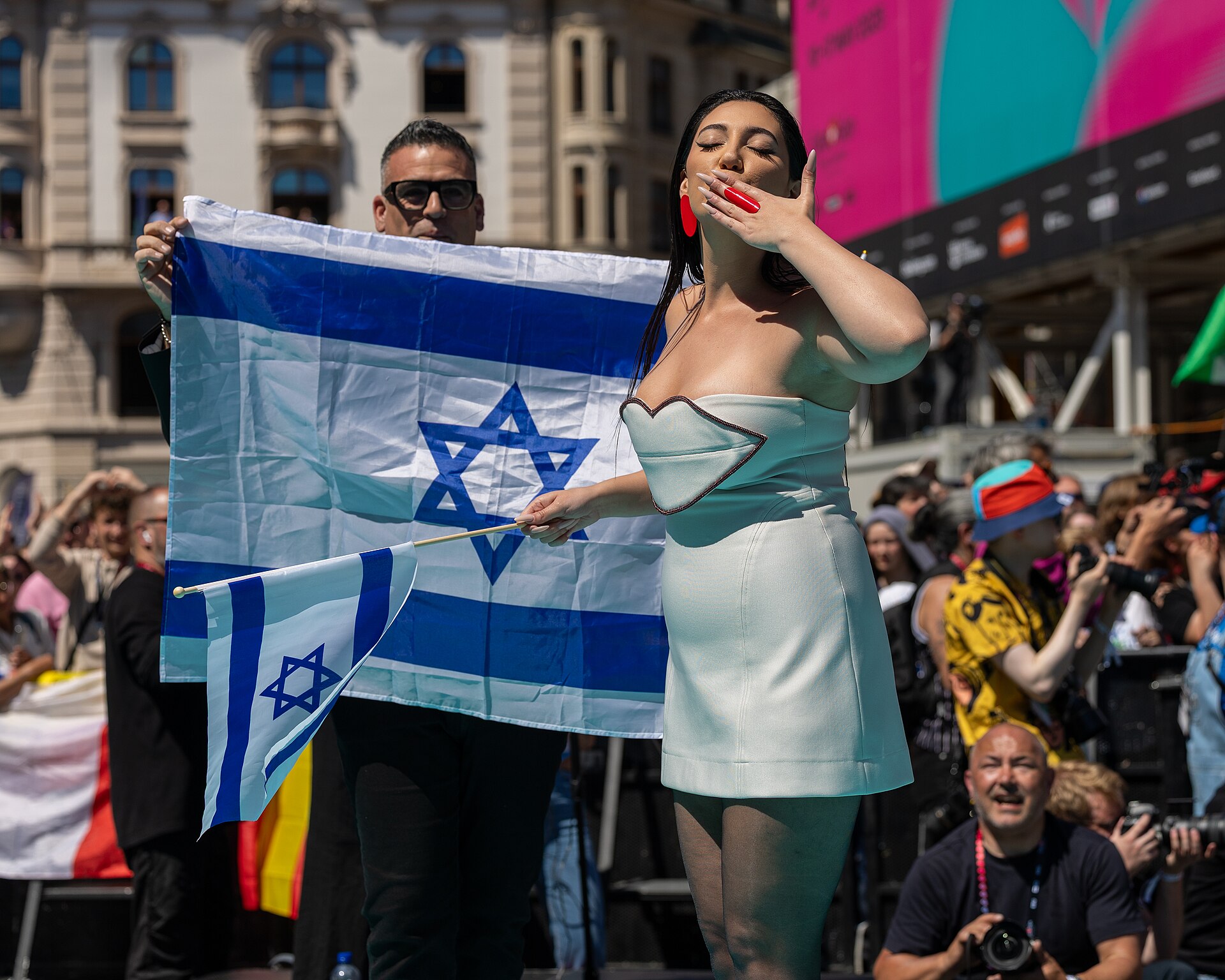 Yuval Raphael, representing Israel, on the Turquoise Carpet at Eurovision 2025 in Basel, Switzerland.