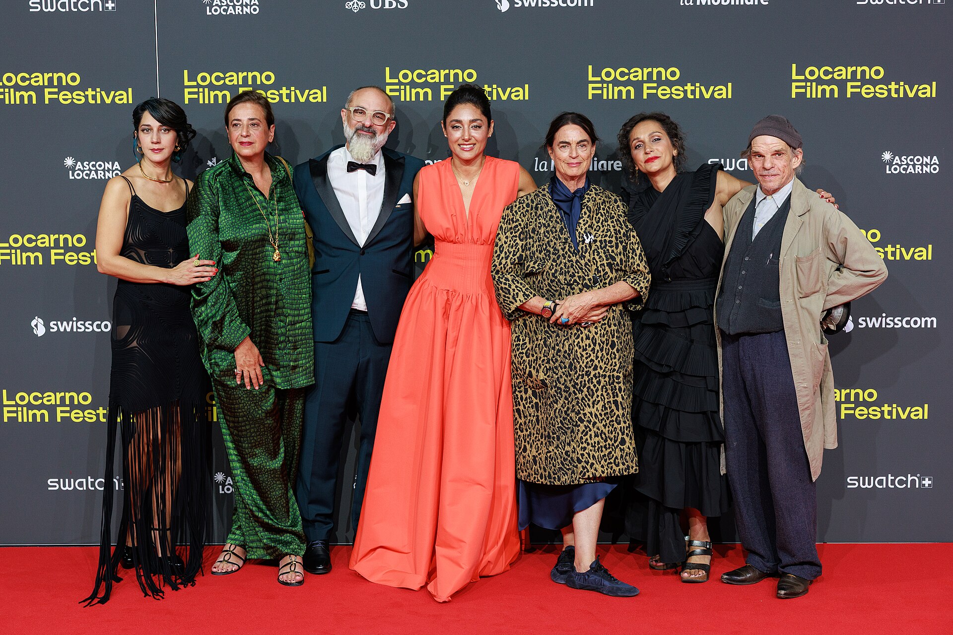 Zar Amir, Giona A. Nazzaro, Denis Lavant, Golshifteh Farahani, Maja Hoffmann and Tamara Stepanyan attend the "Le Pays d'Arto" red carpet during the 78th Locarno Film Festival on August 06, 2025 in Locarno, Switzerland.