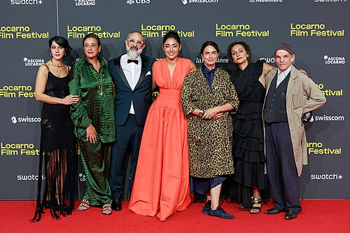 Zar Amir, Giona A. Nazzaro, Denis Lavant, Golshifteh Farahani, Maja Hoffmann and Tamara Stepanyan attend the "Le Pays d'Arto" red carpet during the 78th Locarno Film Festival on August 06, 2025 in Locarno, Switzerland.