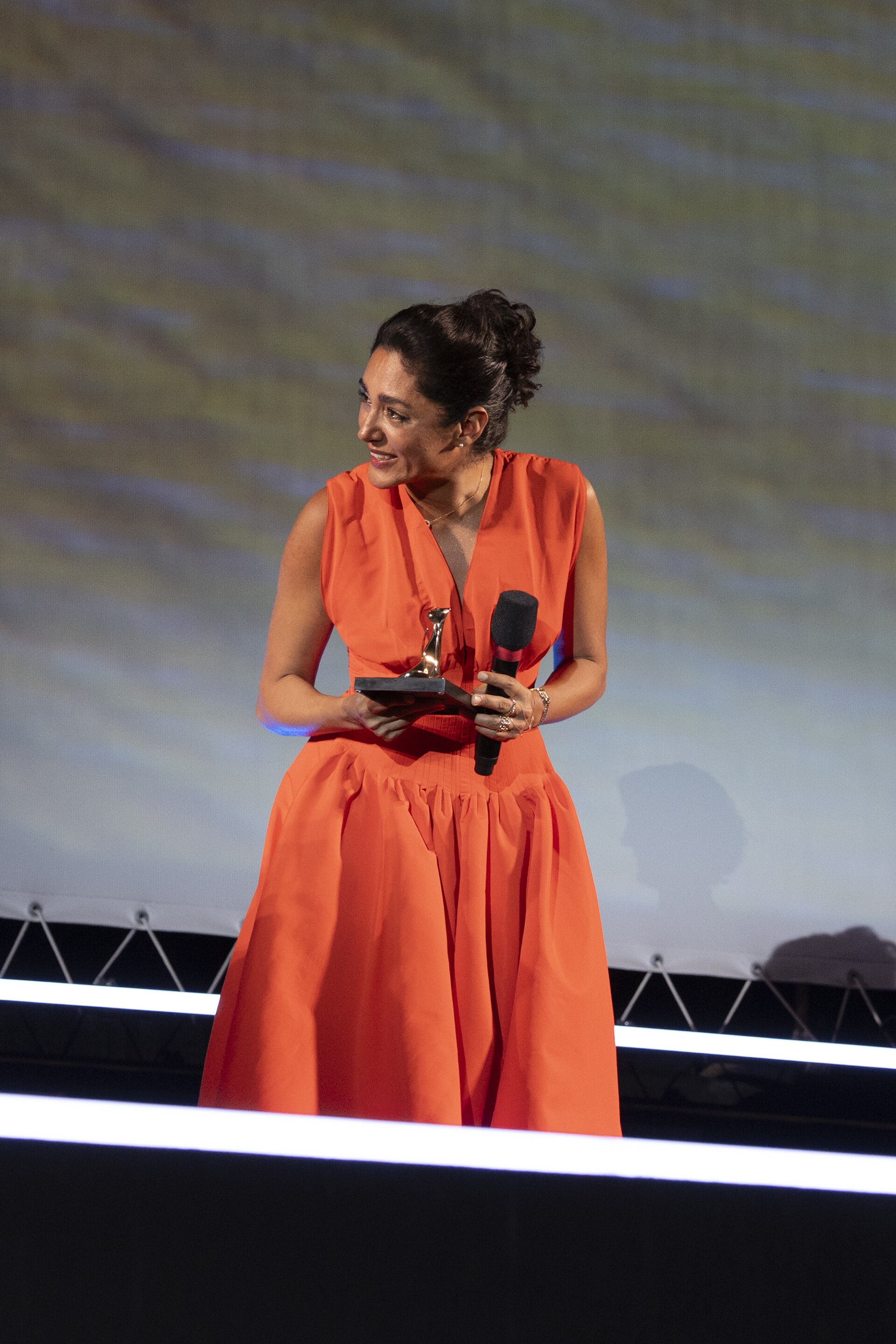 Actress Golshifteh Farahani receives the Excellence Award Davide Campari at the 78th Locarno Film Festival