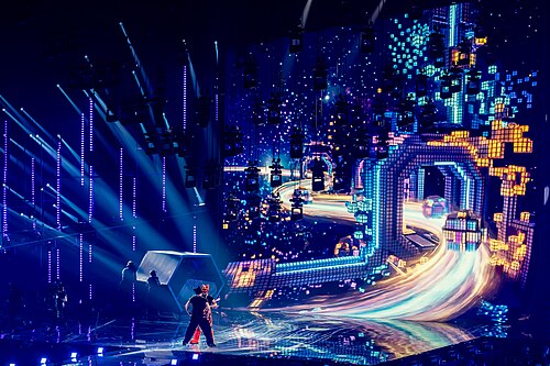 Akylas performing Ferto, representing Greece in the 1st Semi Final of the 2026 Eurovision Song Contest in Vienna