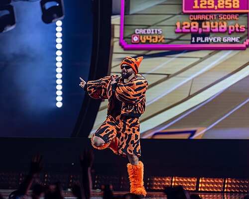 Akylas performing Ferto, representing Greece in the Grand Final of the 2026 Eurovision Song Contest in Vienna