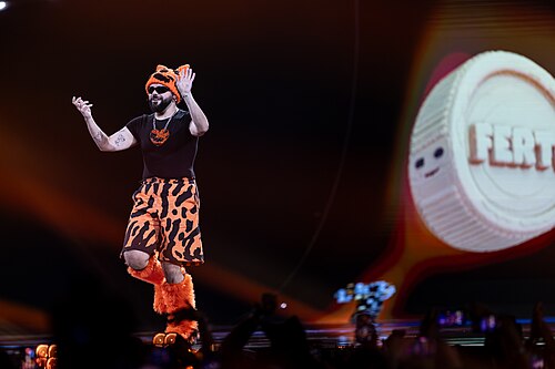 Akylas performing Ferto, representing Greece in the Grand Final of the 2026 Eurovision Song Contest in Vienna