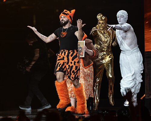 Akylas performing Ferto, representing Greece in the Grand Final of the 2026 Eurovision Song Contest in Vienna