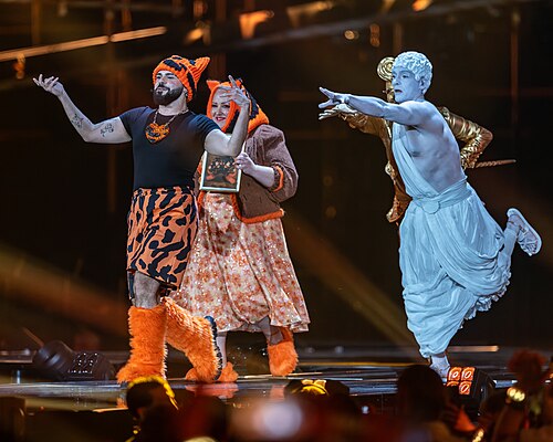 Akylas performing Ferto, representing Greece in the Grand Final of the 2026 Eurovision Song Contest in Vienna