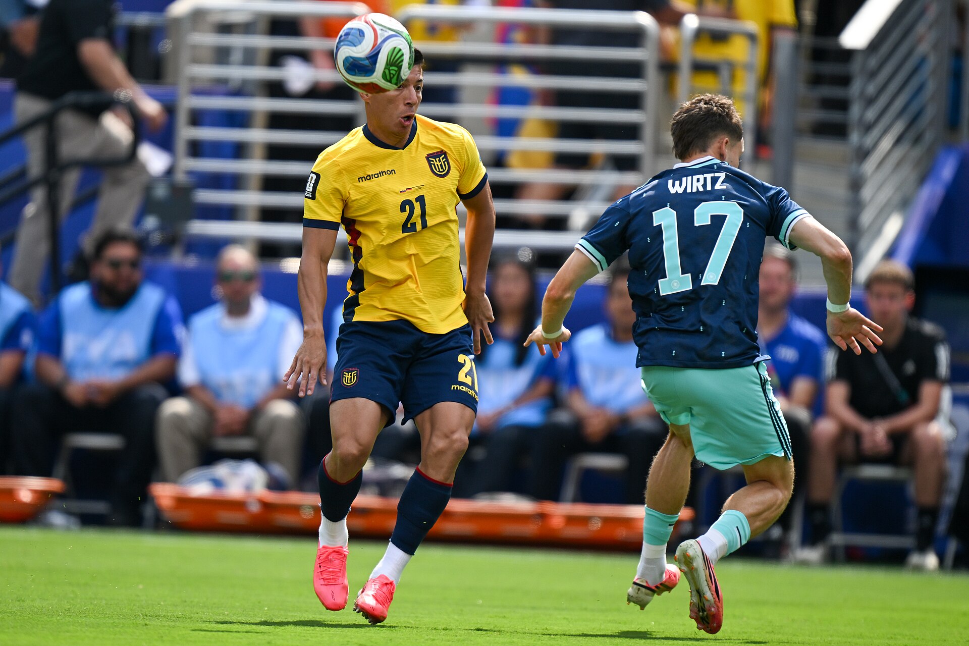 EAST RUTHERFORD, UNITED STATES - June 25: Alan Franco #21 of Ecuador battles for possession with Florian Wirtz #17 of Germany during the FIFA World Cup 2026 Group E match between Ecuador  and  Germany on June 25, 2026 MetLife Stadium, East Rutherford, New Jersey