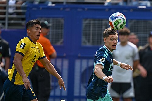 EAST RUTHERFORD, UNITED STATES - June 25: Alan Franco #21 of Ecuador battles for possession with Florian Wirtz #17 of Germany during the FIFA World Cup 2026 Group E match between Ecuador  and  Germany on June 25, 2026 MetLife Stadium, East Rutherford, New Jersey