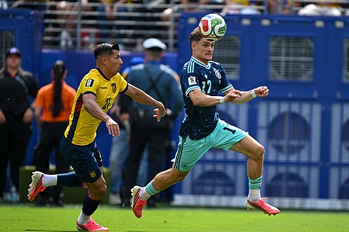 EAST RUTHERFORD, UNITED STATES - June 25: Alan Franco #21 of Ecuador battles for possession with Florian Wirtz #17 of Germany during the FIFA World Cup 2026 Group E match between Ecuador  and  Germany on June 25, 2026 MetLife Stadium, East Rutherford, New Jersey