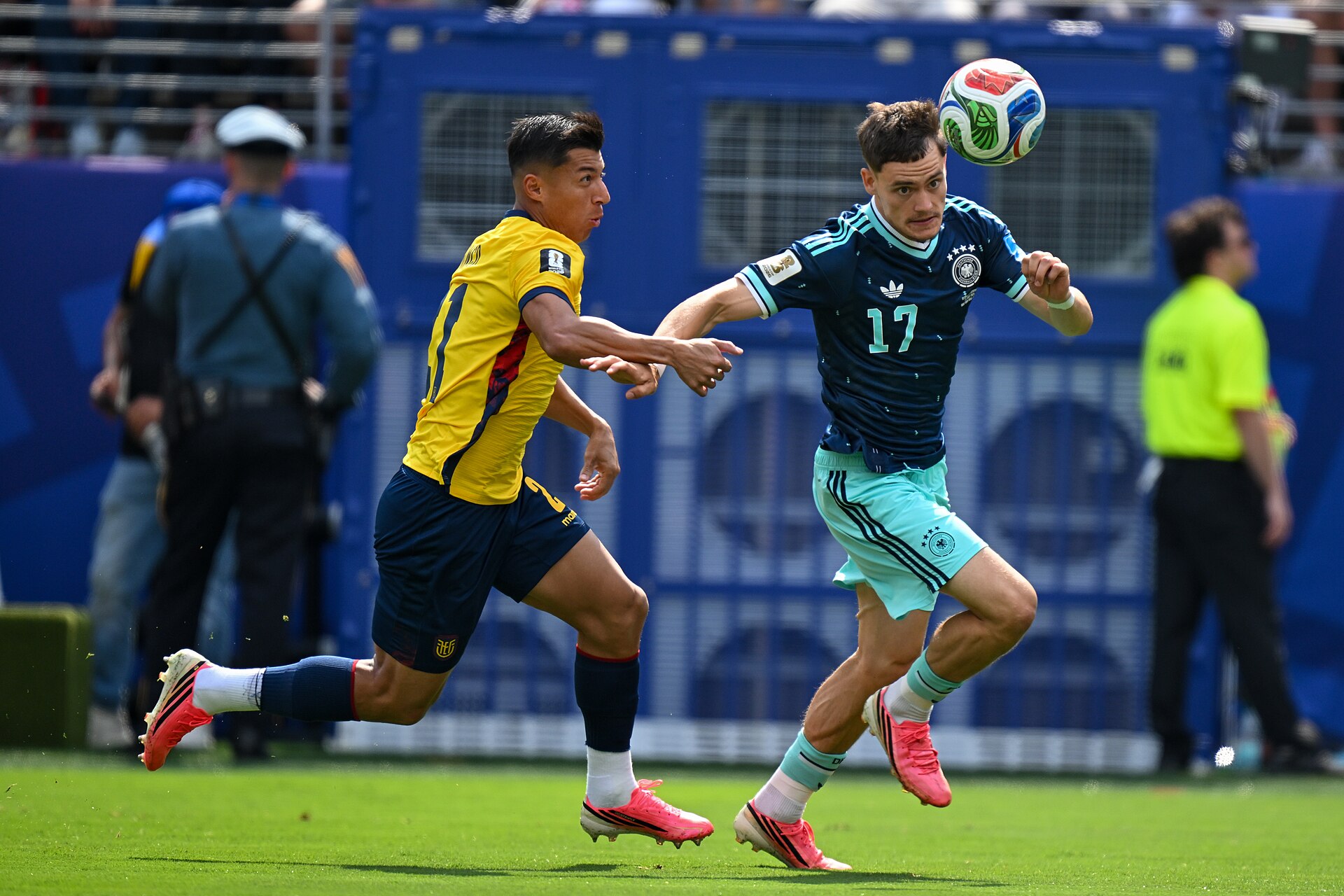 EAST RUTHERFORD, UNITED STATES - June 25: Alan Franco #21 of Ecuador battles for possession with Florian Wirtz #17 of Germany during the FIFA World Cup 2026 Group E match between Ecuador  and  Germany on June 25, 2026 MetLife Stadium, East Rutherford, New Jersey