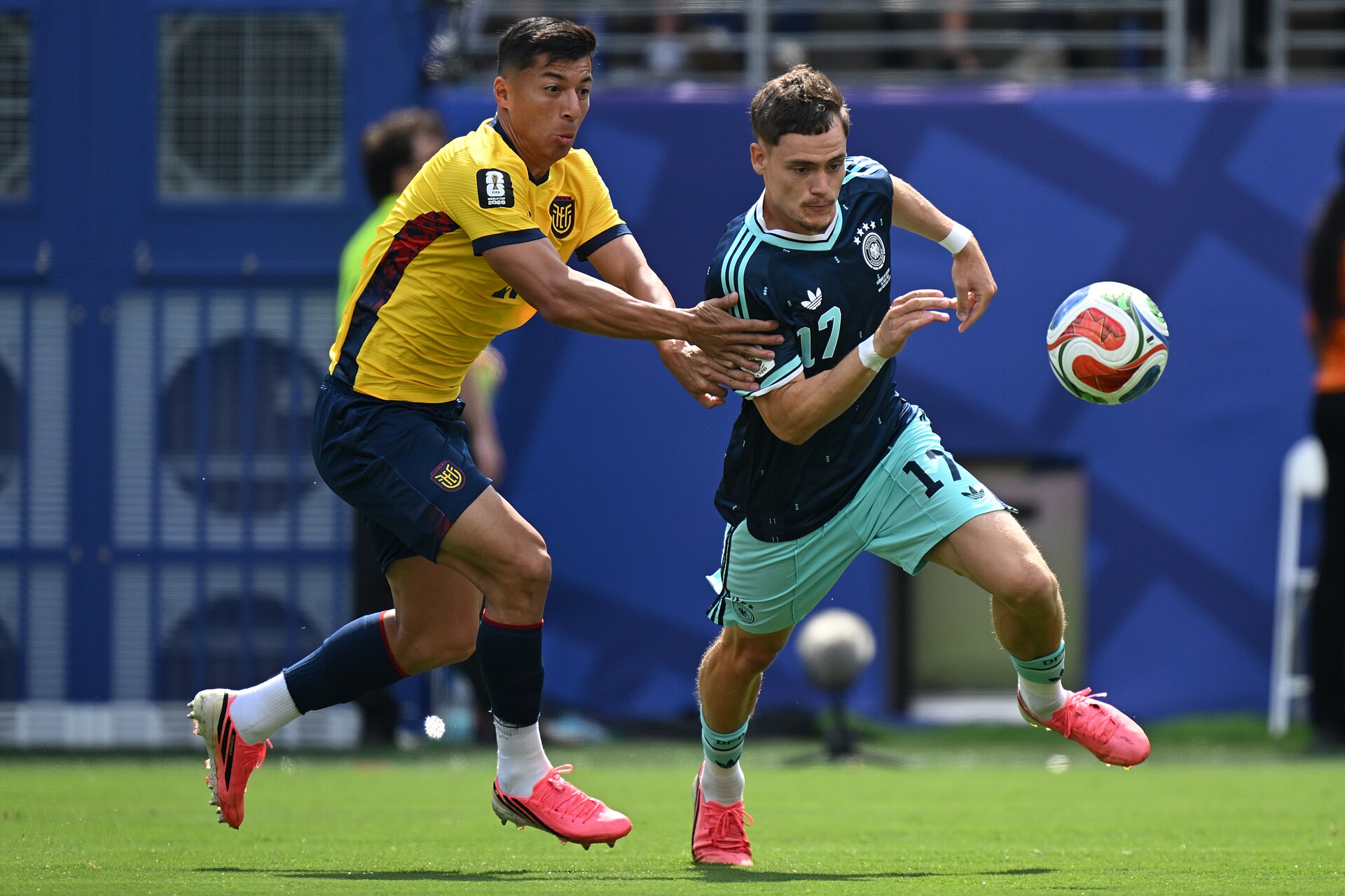 EAST RUTHERFORD, UNITED STATES - June 25: Alan Franco #21 of Ecuador battles for possession with Florian Wirtz #17 of Germany during the FIFA World Cup 2026 Group E match between Ecuador  and  Germany on June 25, 2026 MetLife Stadium, East Rutherford, New Jersey