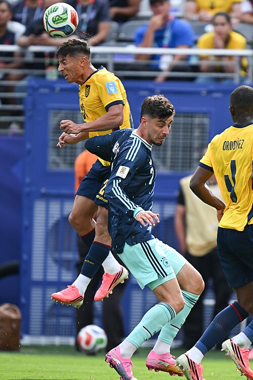 EAST RUTHERFORD, UNITED STATES - June 25: Alan Franco #21 of Ecuador battles in the air with Kai Havertz #7 of Germany during the FIFA World Cup 2026 Group E match between Ecuador  and  Germany on June 25, 2026 MetLife Stadium, East Rutherford, New Jersey