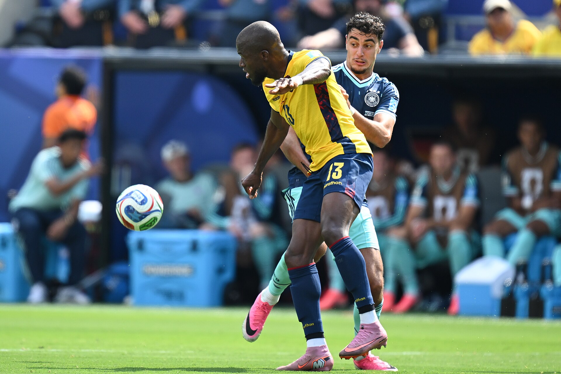 EAST RUTHERFORD, UNITED STATES - June 25: Enner Valencia #13 of Ecuador is in action against Aleksandar Pavlović #5 of Germany during the FIFA World Cup 2026 Group E match between Ecuador  and  Germany on June 25, 2026 MetLife Stadium, East Rutherford, New Jersey