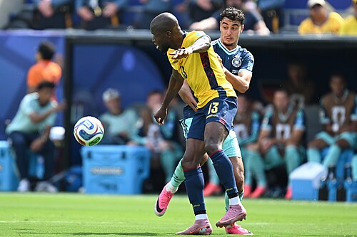 EAST RUTHERFORD, UNITED STATES - June 25: Enner Valencia #13 of Ecuador is in action against Aleksandar Pavlović #5 of Germany during the FIFA World Cup 2026 Group E match between Ecuador  and  Germany on June 25, 2026 MetLife Stadium, East Rutherford, New Jersey