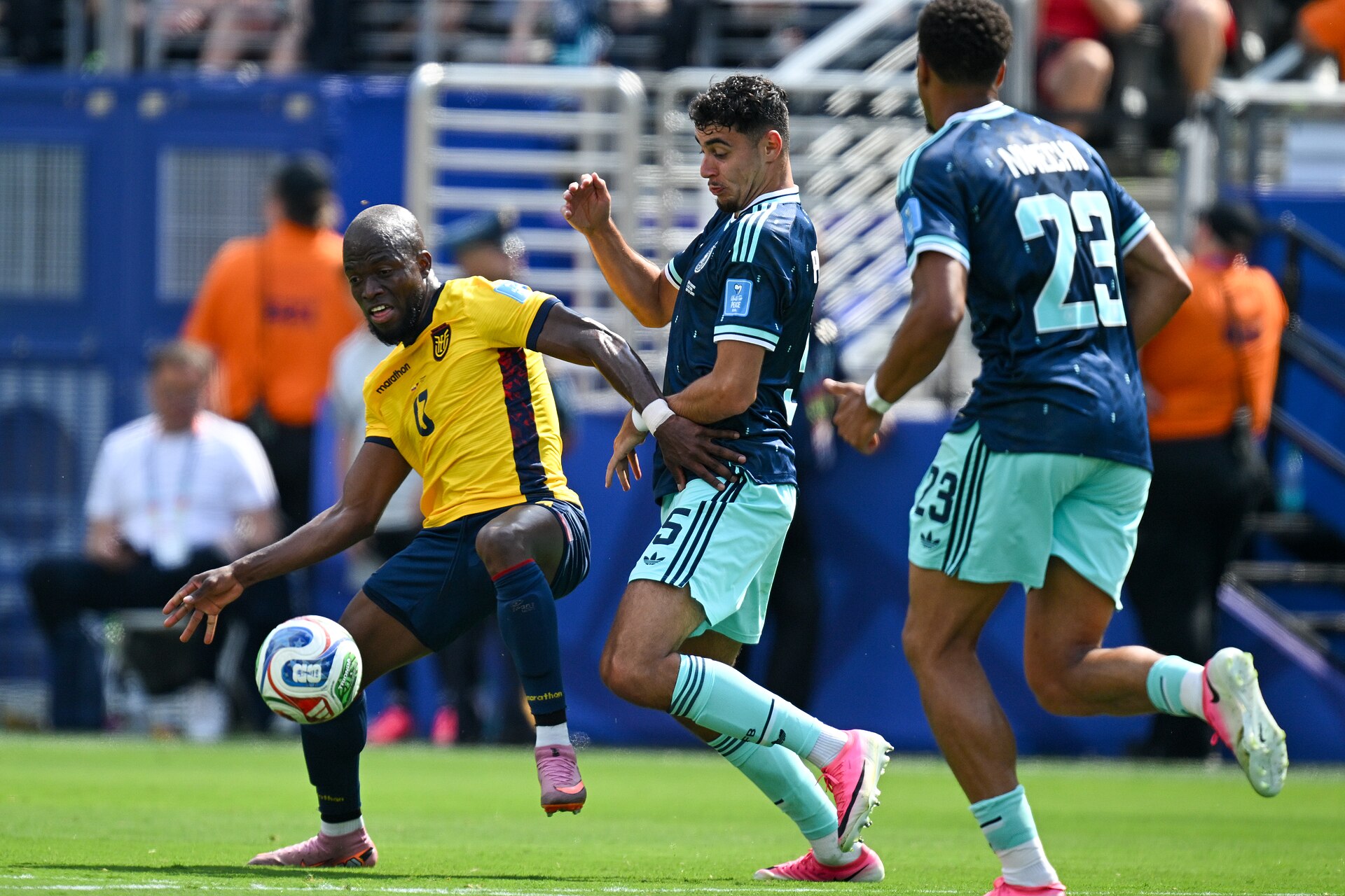 EAST RUTHERFORD, UNITED STATES - June 25: Enner Valencia #13 of Ecuador is in action against Aleksandar Pavlović #5 of Germany during the FIFA World Cup 2026 Group E match between Ecuador  and  Germany on June 25, 2026 MetLife Stadium, East Rutherford, New Jersey