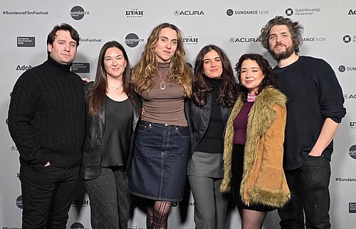 Alex Bendo, Lexi Preiser, Lily Platt, Sophie Seyd, Sarah Steele and Philip Ettinger at Crisis Actor premiere during 2026 Sundance Film Festival